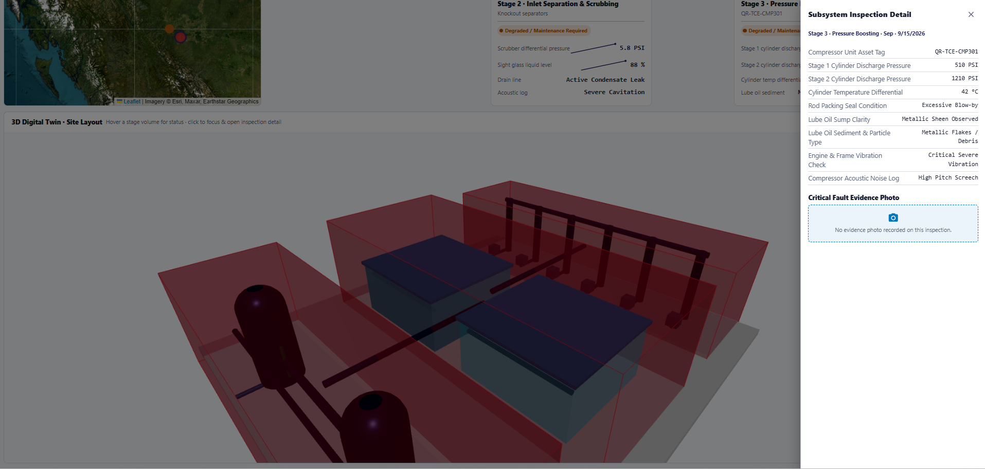 Interactive 3D digital twin of a natural gas processing facility showing stages, equipment and inspection data in spatial context